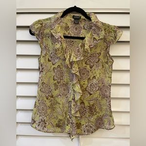 Floral Green/Brown Blouse Sheer button down blouse. Size Small